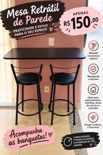 Mesinha de parede retrátil com banquetas 