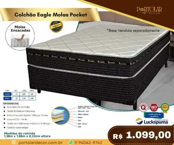 Colchão Eagle molas Pocket, a pronta entrega