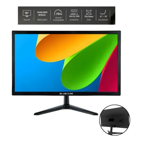 Monitor Led 19 Polegadas Tela 75hz Hdmi Vga Widescreen Preto Novo Loja Coimbra Computadore