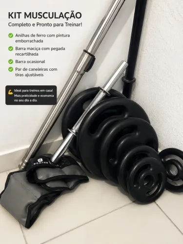Kit Musculação Completo com Barras, Anilhas e Caneleiras