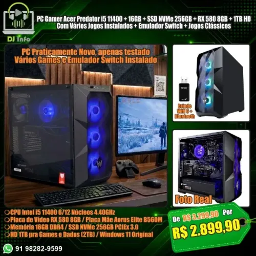 PC Gamer Acer Predator i5 11400 + 16GB + SSD NVMe 256GB + RX 580 8GB + 1TB HD