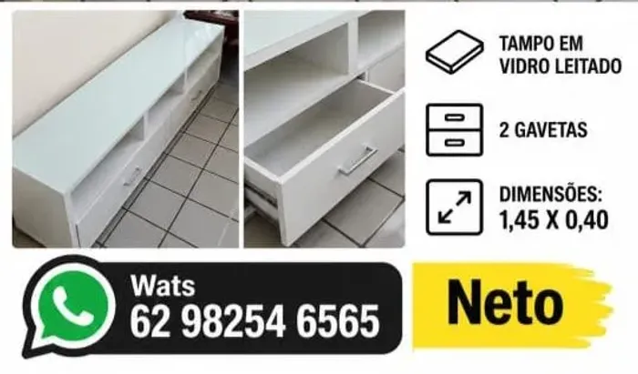 Rack Branco com Tampo em Vidro Leitado - 1,45m - 2 Gavetas - R$ 500