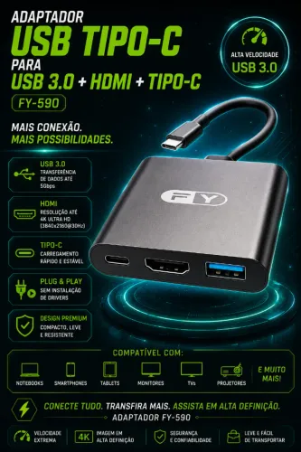 Adaptador USB Tipo-C Para USB 3.0 + HDMI + TIPO-C FY-590 (NOVO/LACRADO!)