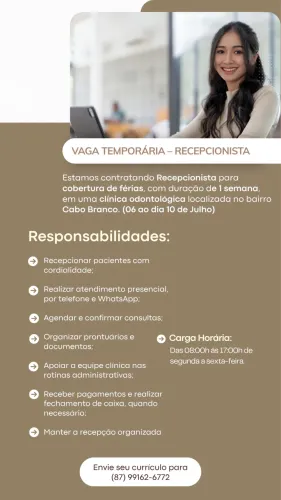 VAGA TEMPORÁRIA | RECEPCIONISTA - CLÍNICA ODONTOLÓGICA (CABO BRANCO)