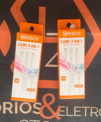 Cabo HREBOS - Kit com 3 cabos (Tipo-C, microusb V8 e lightning iphone)
