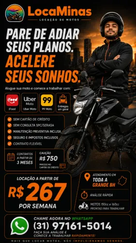 Aluguel de Motos na Grande BH Transporte Pessoal Trabalho de Aplicativos de Entrega