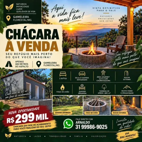 Chácara em Florestal MG a venda Casa 60m2 nova com vista definitiva perto asfalto agua luz