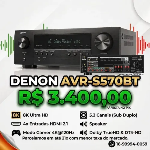 Receiver Denon AVR-S570BT 5.2 Canais ? 8K Ultra HD