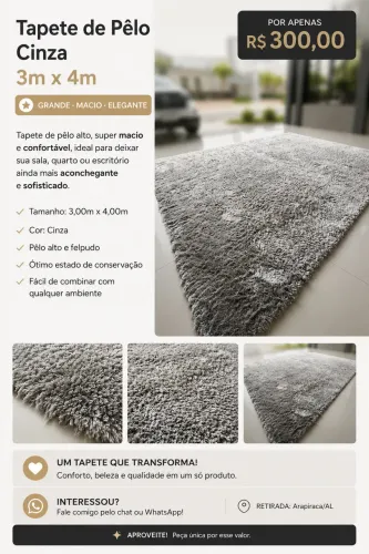 Tapete de Pêlo Cinza 3m x 4m GRANDE