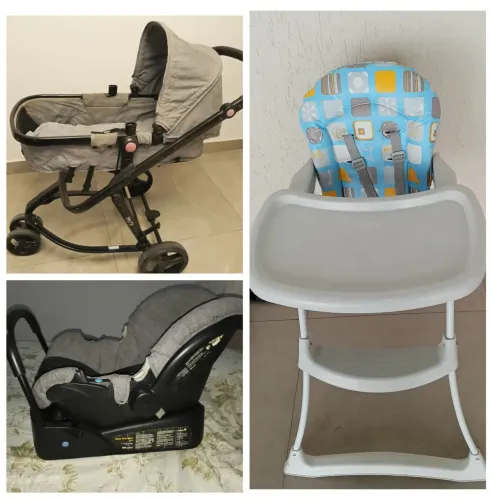 CONJUNTO DE CARRINHO COM BEBÊ CONFORTO E BASE + CADEIRINHA DE ALIMENTAÇÃO
