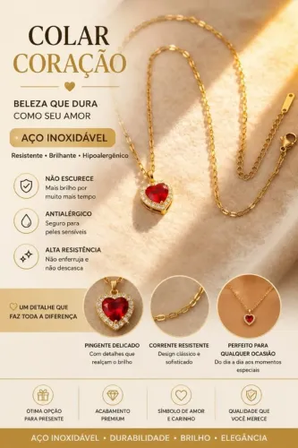Colar coração vermelho aço inoxidável banhado a ouro 18k