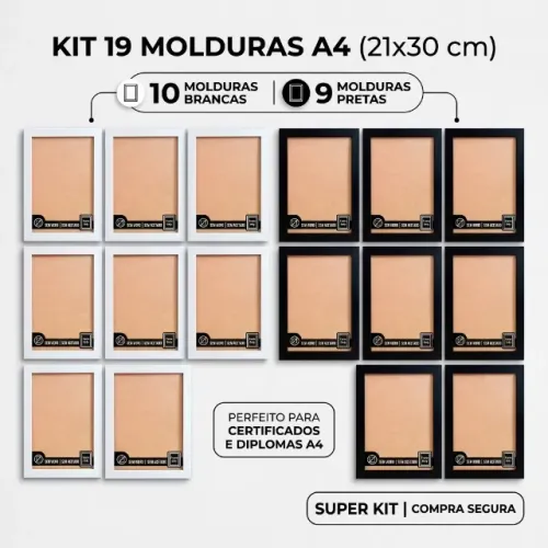 Kit 19 Molduras A4 (21x30 cm) | 10 Brancas + 9 Pretas | Ideal para Diplomas, Certificados