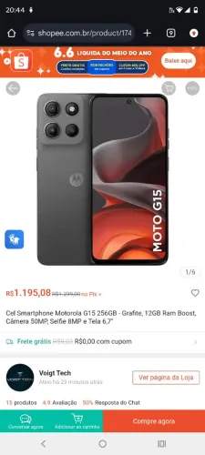 Celular Motorola G15 256 de RAM, cor grafite 12GB BOOST CÂMERA 50 MP SELFIE 8MP TELA 6,7