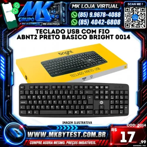 Teclado Usb Com Fio Padrão ABNT2 Preto Básico Bright 0014