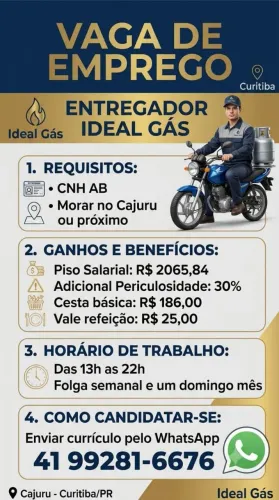 Vaga entregador de gás e água no Cajuru motoboy