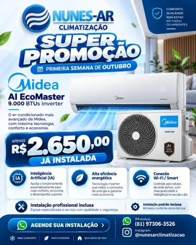 Ar-Condicionado Midea AI EcoMaster 9.000 BTUs Inverter + Instalação