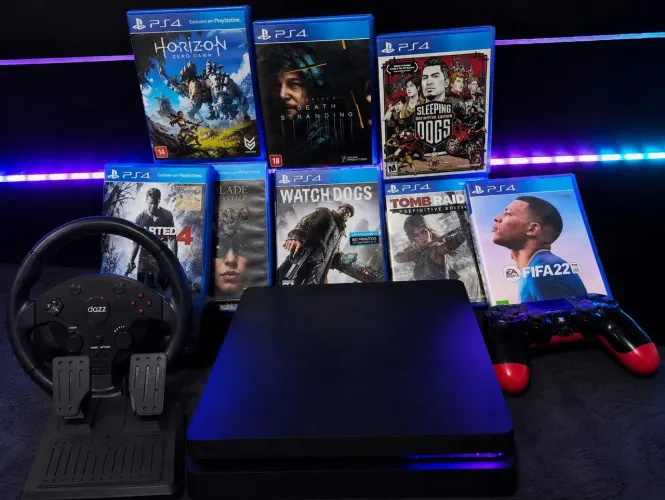 PS4 Slim 800gb + 2 controles + 8 jogos + Volante Dazz Force