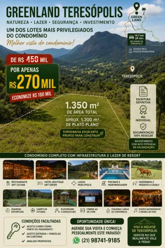 ? GREENLAND TERESÓPOLIS | 1.350 m² | Melhor Vista | De R$ 450 mil por R$ 270 mil