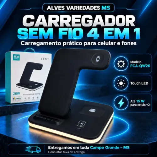 Carregador Sem Fio Indução 4 em 1 FAM Prime 20W Homologado Anatel