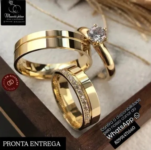 KIT DE ALIANÇAS NOIVADO E CASAMENTO BANHADAS A OURO 18KILATES 