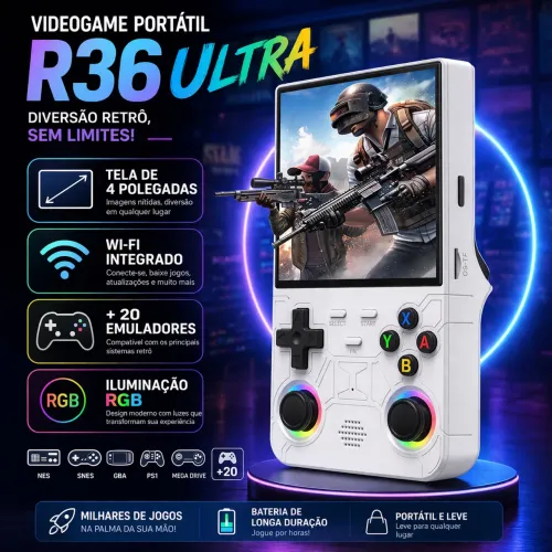 R36 Ultra Tela 4 Polegadas HD Colorida HD 64GB +20.000 Jogos LED WI-FI Nativo