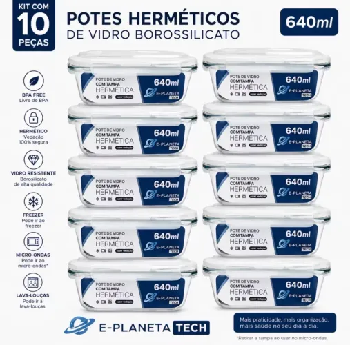 Kit 10 potes em vidro herméticos 640ml