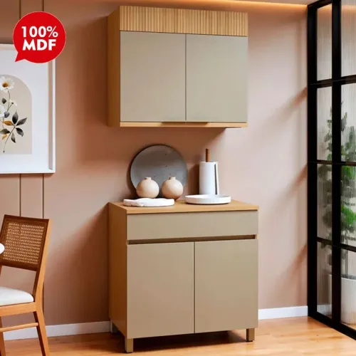 Armário Cozinha Modulada 2 Peças 4P 1G 100% MDF Realeza Premium Carvalho/Greige<br>
