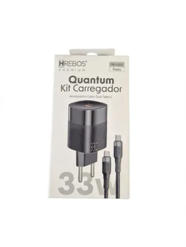 KIT CARREGADOR HREBOS PREMIUM 33W TURBO + CABO TYPE-C - ORIGINAL 