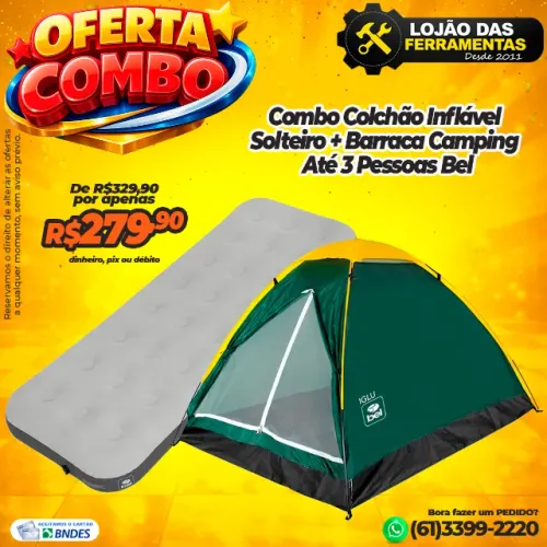 Combo Colchão Inflável Solteiro + Barraca Camping Até 3 Pessoas Bel