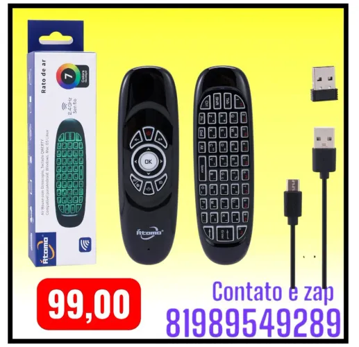 controle remoto sem fio Air Mouse com teclado QWERTY integrado