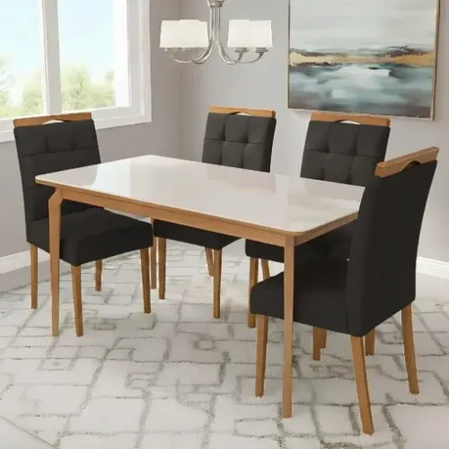 Mesa Alegra 120 Cinamomo/Off White com 4 Cadeiras Sophia Linho Cinza Grafite 202 - JCM MOV