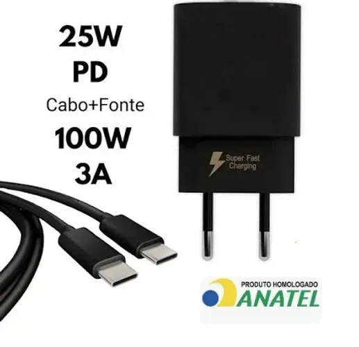 Carregador Turbo 25w + Cabo Usb-C 100w Anatel P/ Samsung Iphone Ipad Motorola LG Xiaomi