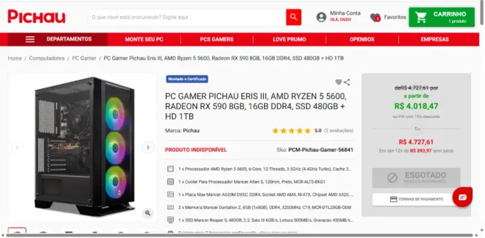 PC Gamer Pichau Eris III, AMD Ryzen 5 5600, Radeon RX 590 8GB, 16GB DDR4, SSD 480GB + HD 1