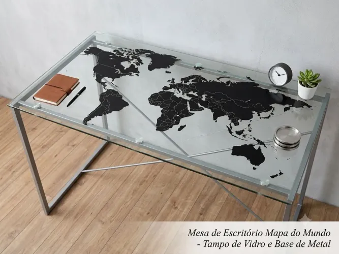 Mesa de Escritório/Home Office Tampo de Vidro Mapa-Múndi