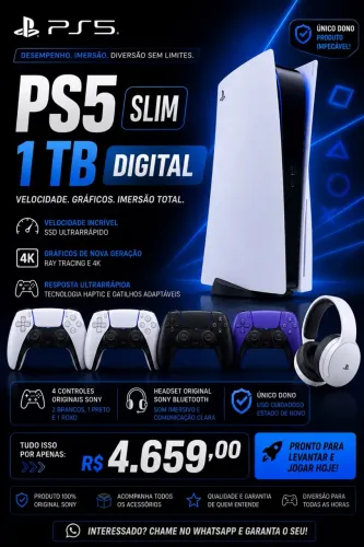 PS5 Slim Digital 1TB + 4 Controles Originais + Headset Sony