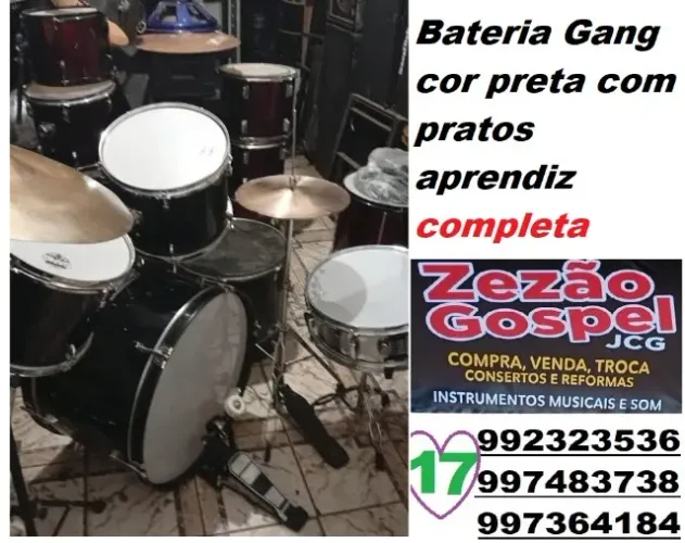 Bateria gang cor preta com pratos aprendiz completa
