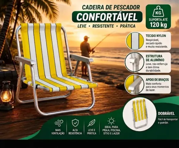 Cadeira de pesca Ultralight Dobrável Confortável Amarela/Branca 120kg SenteBem fabrico qtd