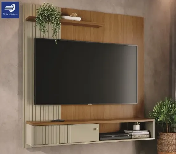 Painel para TV até 65" com Porta de Correr e Detalhes Ripados