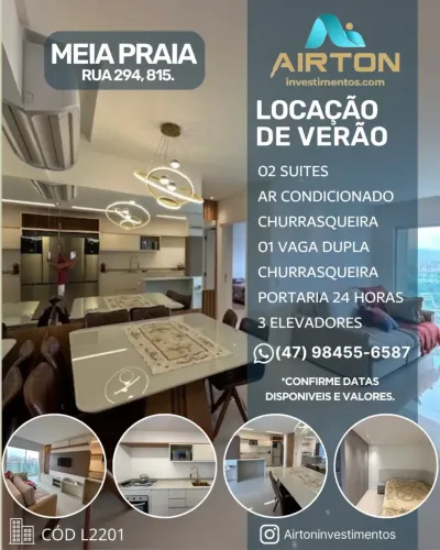 LOCAÇÃO DE VERÃO- 2 SUITES CLIMATIZADAS, 2 VAGAS,  EM MEIA PRAIA - ITAPEMA -SC