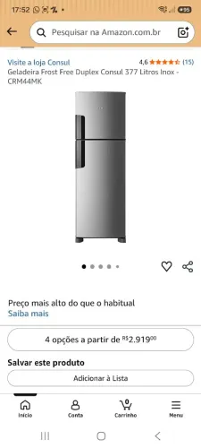 Geladeira Frost Free Duplex Consul 377 Litros inox