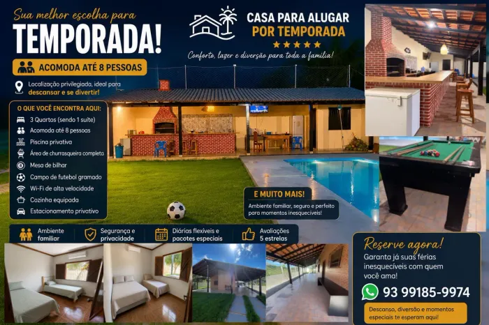 Casa por temporada R$1500.00 final de semana