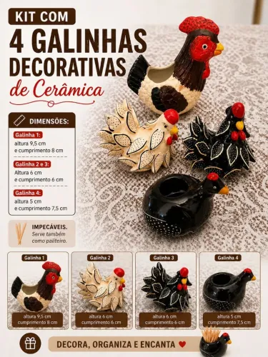 Enfeite | Decoração | Kit com 4 Galinhas Decorativas de Cerâmica | Perfeitas