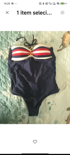 Maio Feminino Marinho azul petróleo com fivela, listras náuticas.