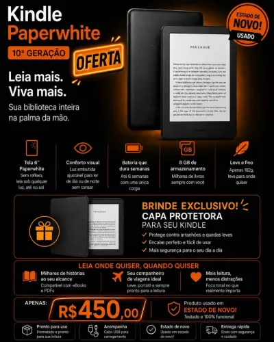 Kindle Paperwhite 10ª Geração 8GB com Capa, Estado de Novo