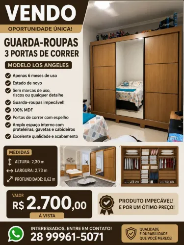 Guarda Roupa Casal com Espelho 3 Portas 6 Gavetas - Los Angeles - Móveis D'Doro