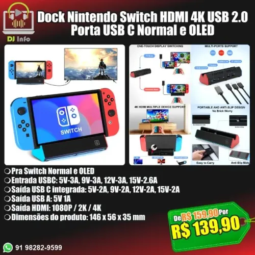 Dock Nintendo Switch HDMI 4K USB 2.0 Porta USB C Normal e OLED