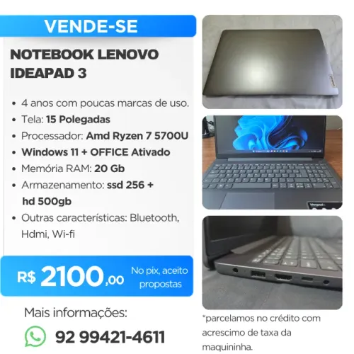 NOTEBOOK LENOVO IDEAPAD 3 | RYZEN 7 5700U | 20GB RAM | SSD + HD