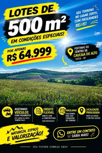 500m² EM COTIA POR R$ 64.999 SEU TERRENO PODE ESTAR AQUI!