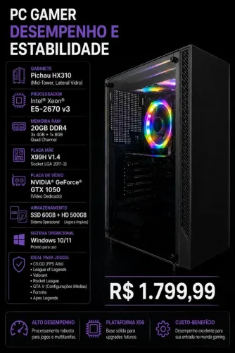 PC Gamer Xeon E5-2670 v3 | GTX 1050 2GB | 20GB DDR4 | SSD + HD