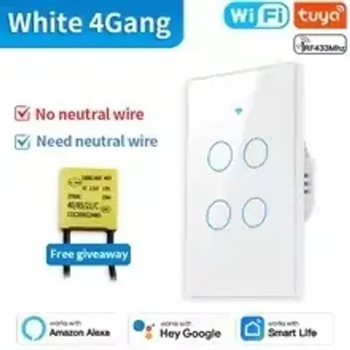 Interruptor de Luz Inteligente BRANCO, 04 Teclas, Compatível com Tuya, Alexa - NOVO
